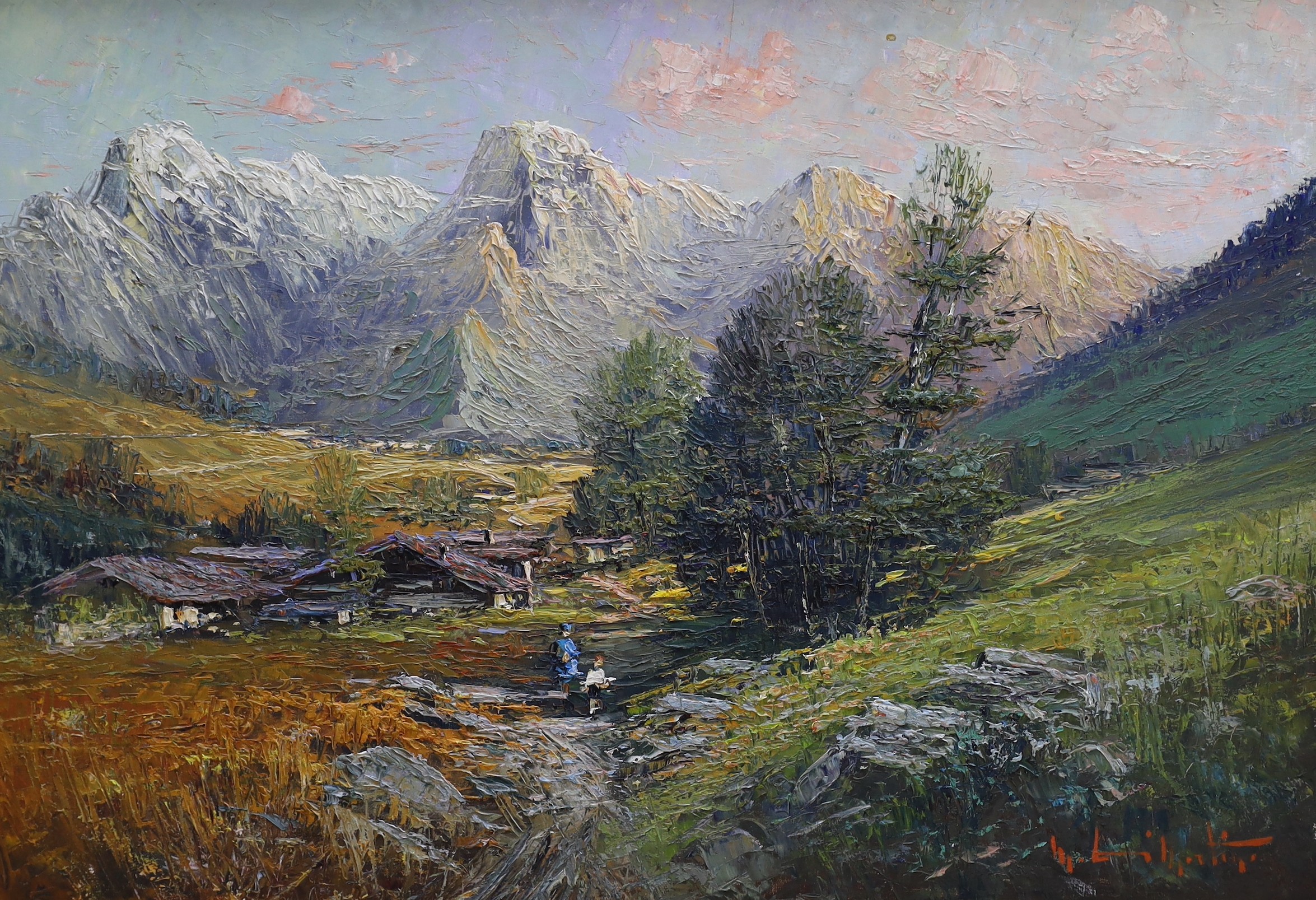Italian School, two oils on canvas, Alpine landscapes, indistinctly signed, 68 x 98cm and 59 x 91cm